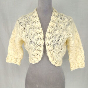 Hand Crochet Sweater Womens Medium Beige Open Crop Shrug Made in Japan Vintage
